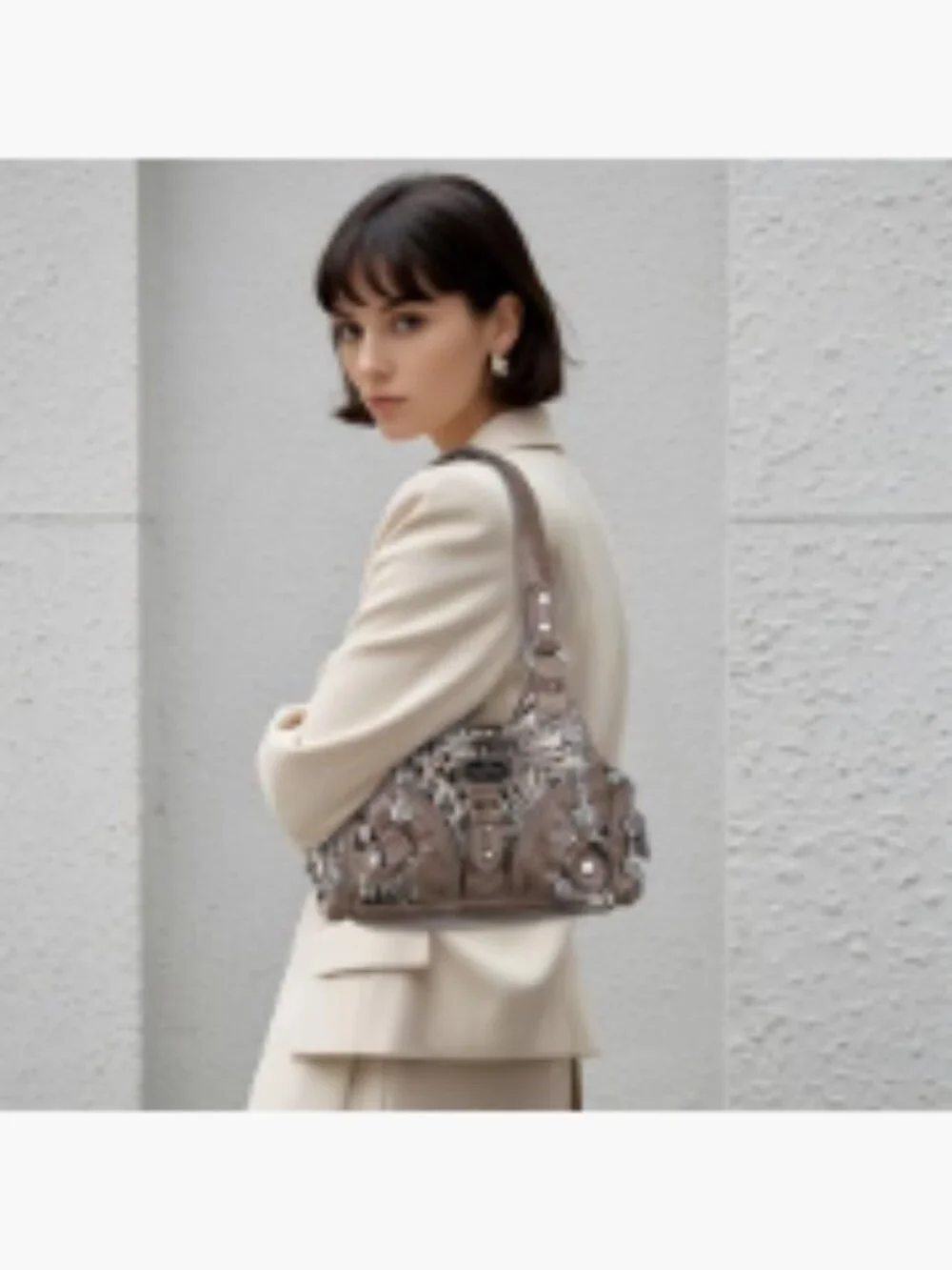 Women's Small Hobo Shoulder Bag Faux Leather Multi-Pocket Tote with Zipper